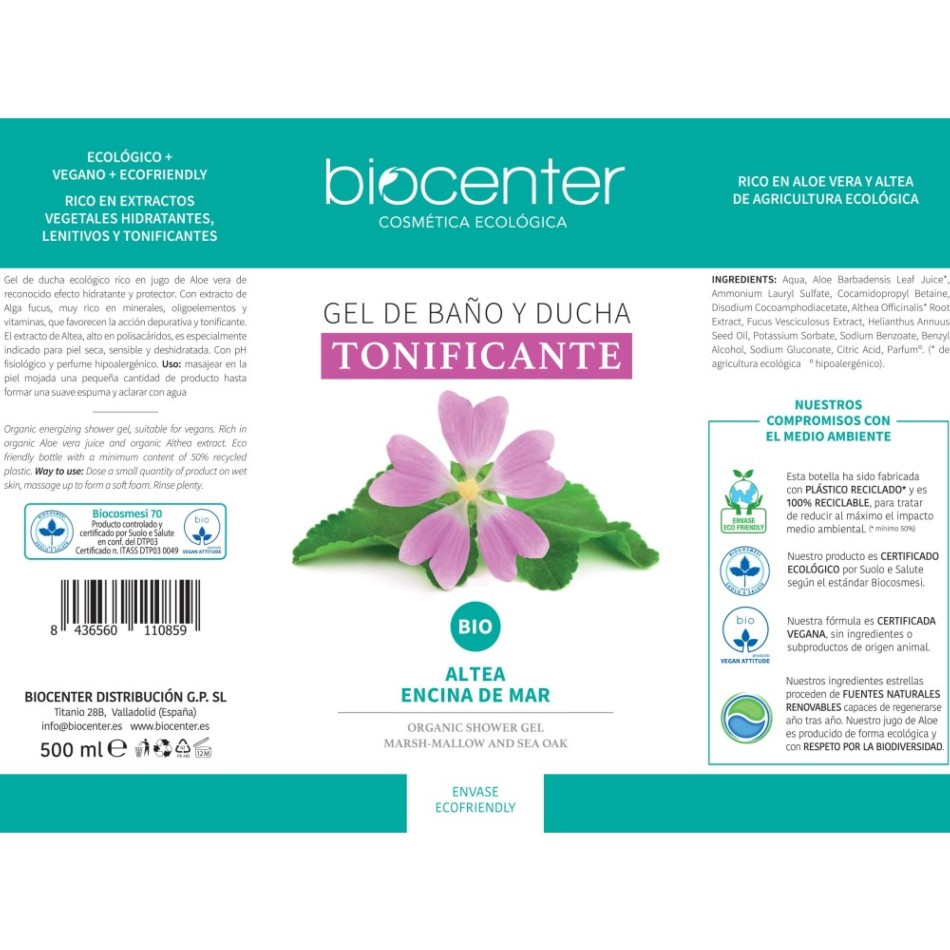 BIOCENTER Gel de baño y ducha natural Tonificante - Línea Botanical - Ecológico y vegano 500 ml 1