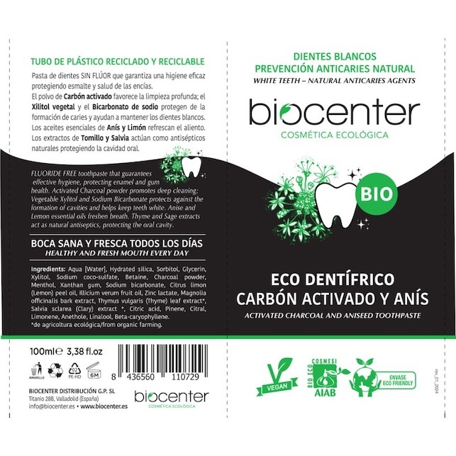 BIOCENTER Pasta de dientes natural de CARBÓN ACTIVADO y ANÍS - BIO y Vegana 100 ML 1