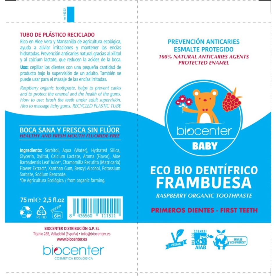 BIOCENTER Pasta de dientes natural para Niños - FRAMBUESA - Ecológica y Vegana 75 ml 1