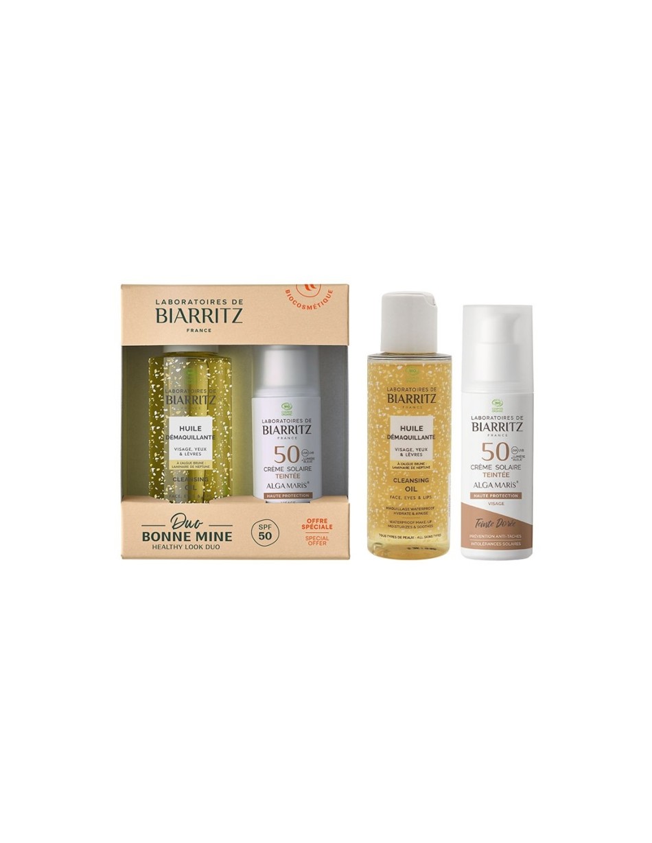 CAJA DUO CREMA FACIAL COLOR DORADO SPF50 + ACEITE DESMAQUILLANTE 100 LAB BIARRITZ