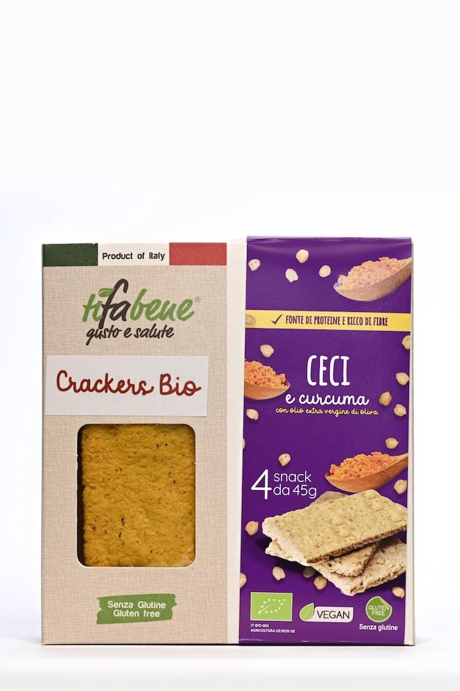 CRACKERS BIO VEGANO Y SIN GLUTEN DE GARBANZOS CON CURCUMA 180 GR TI FA BENE 