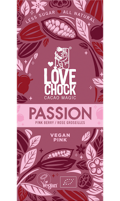 PASSION TABLETA DE CHOCOLATE CON GROSELLA ROSA VEGANO ORGÁNICO 70 GR LOVECHOCK